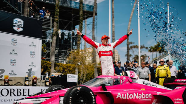 Kyle Kirkwood celebrates his first career IndyCar win in Sunday's Acura Grand Prix of Long Beach. Photo: Joe Skibinski.